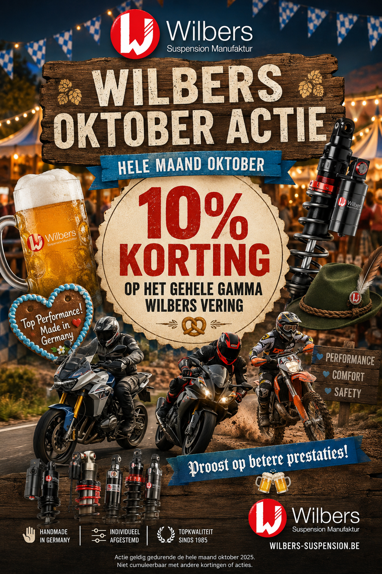 Promotieposter met Wilbers-logo, tekst “Wilbers oktoberactie” en 10% korting, motoren en schokdempers.